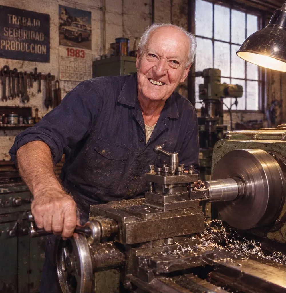 Isidoro Boetto sonriendo junto a un torno en su taller.